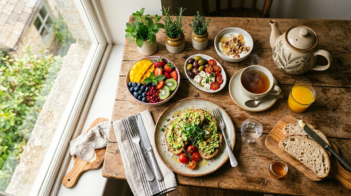 Frisches mediterranes Frühstück auf einem Holztisch mit Avocado-Toast und Obst