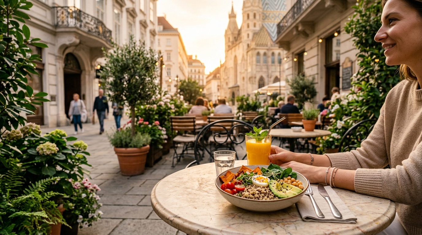 Bunte Bowl mit Getreide, frischem Gemüse und Kräutern auf einem Cafétisch